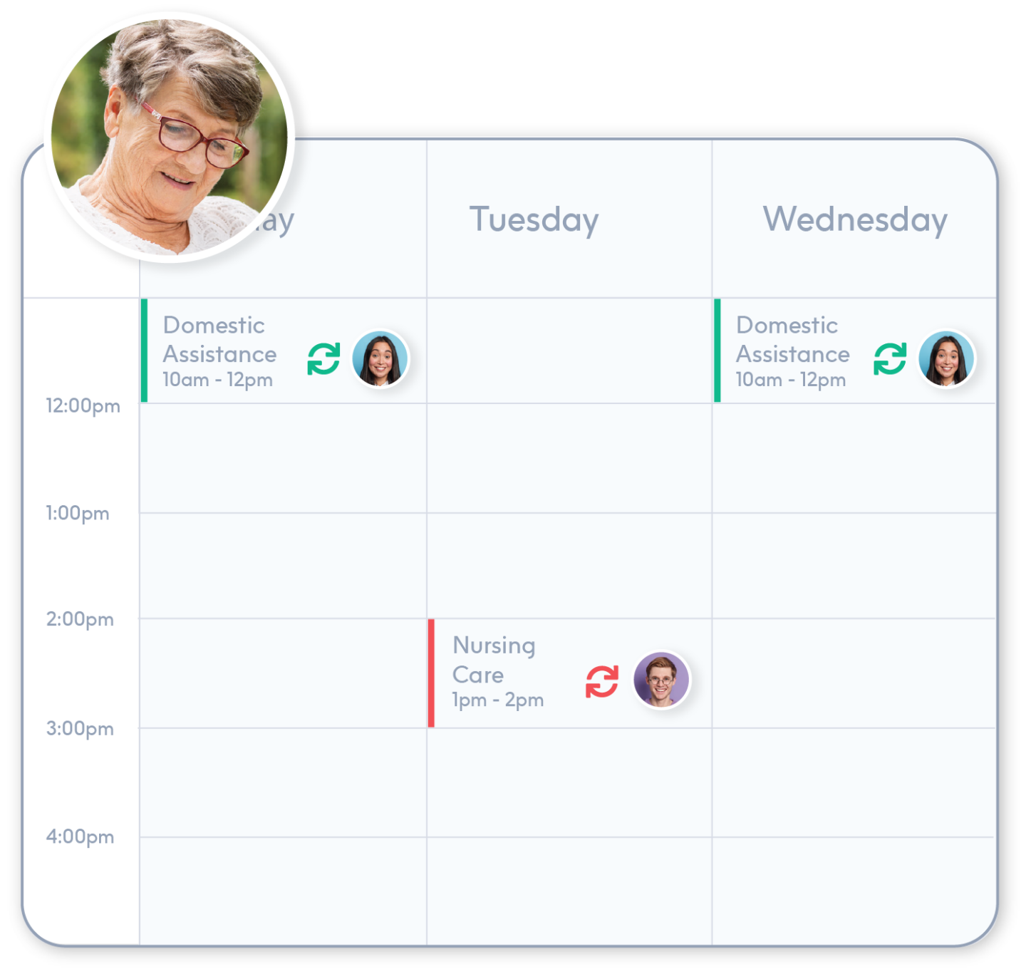 Elderly client's schedule on ShiftCare with sessions for domestic assistance and nursing care