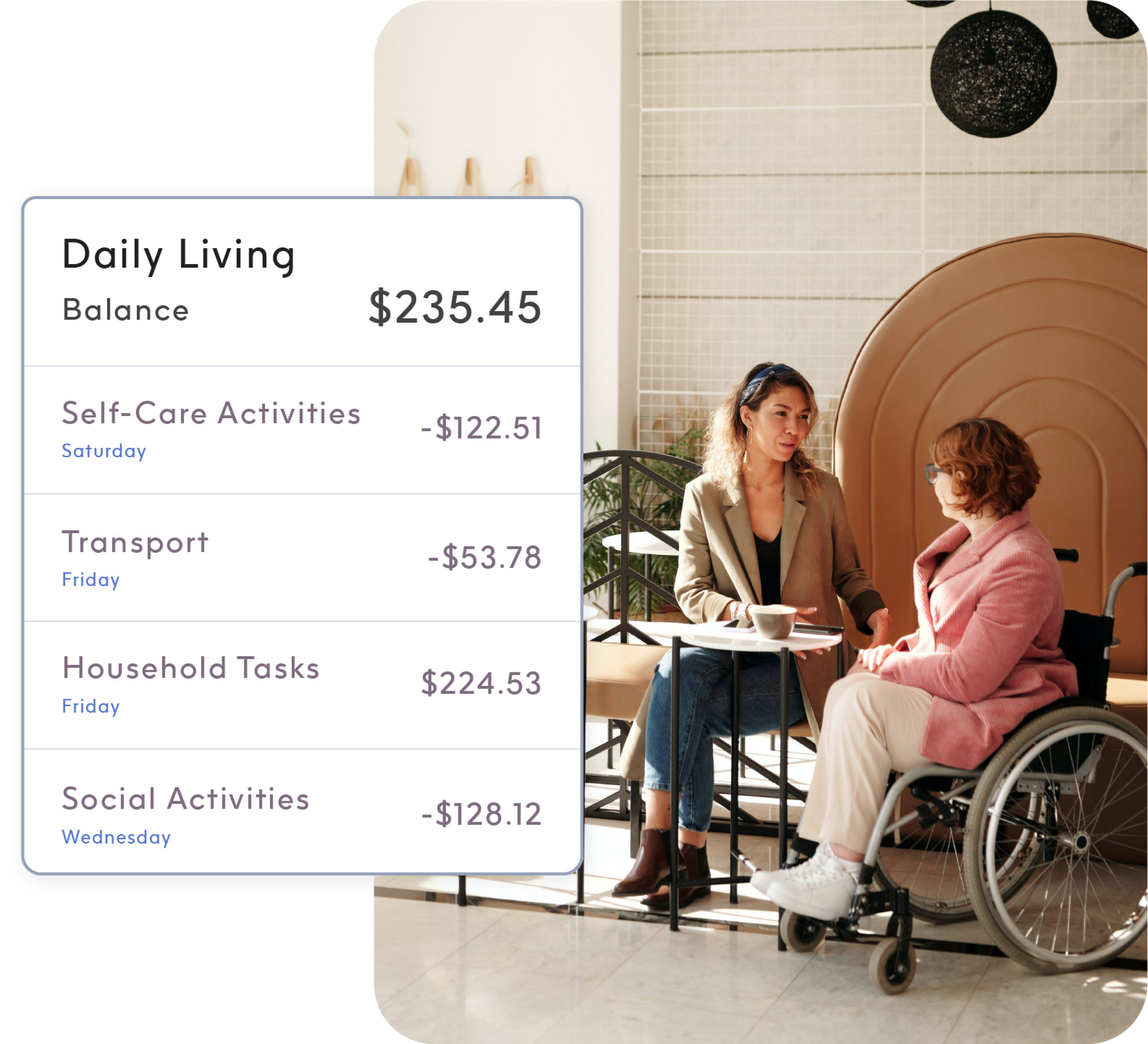 Female client in wheelchair has coffee with disability support provider as ShiftCare's fund tracking shows her expenses and daily balance