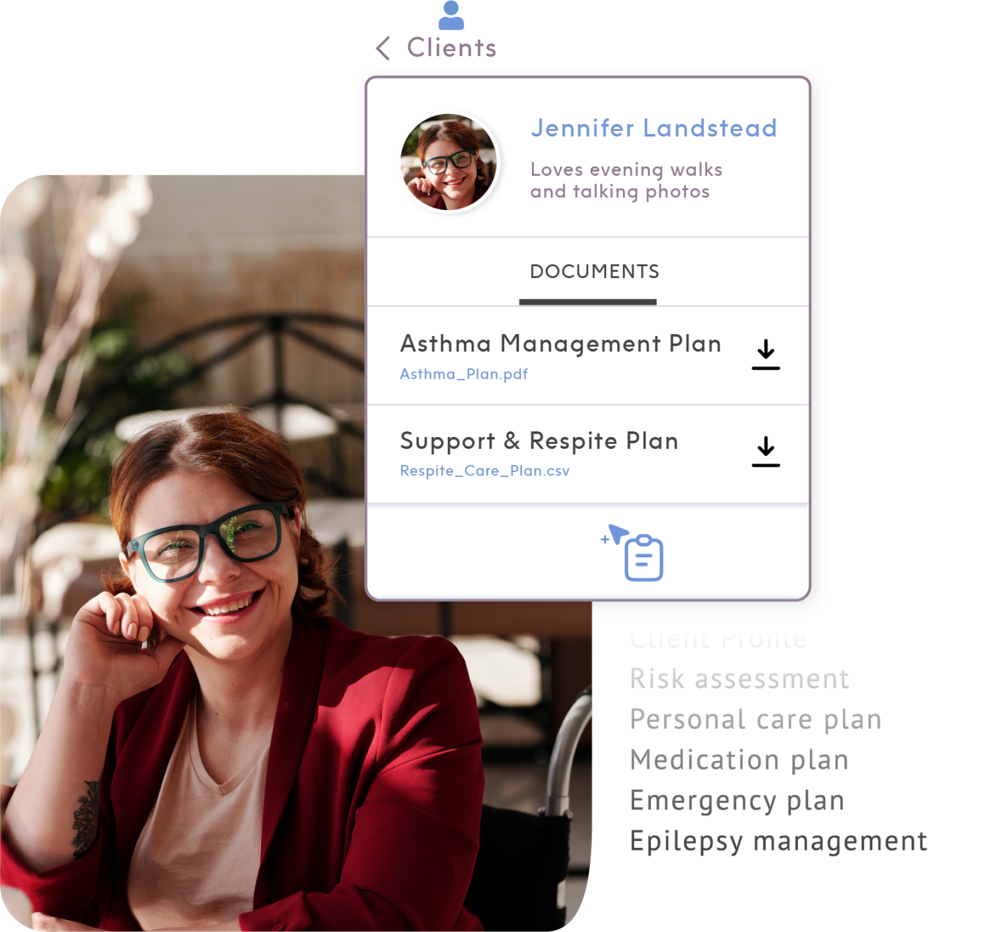 Woman in wheelchair and her downloadable documents and plans under ShiftCare's client document management system