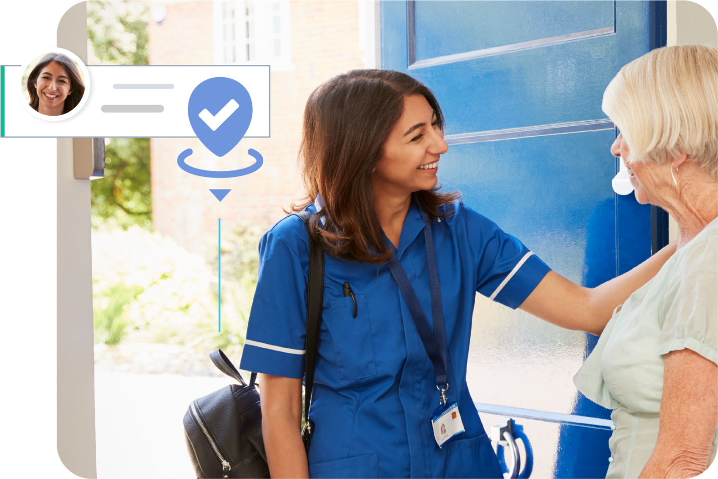 Female aged care worker greeting elderly woman at door alongside ShiftCare GPS tracking feature